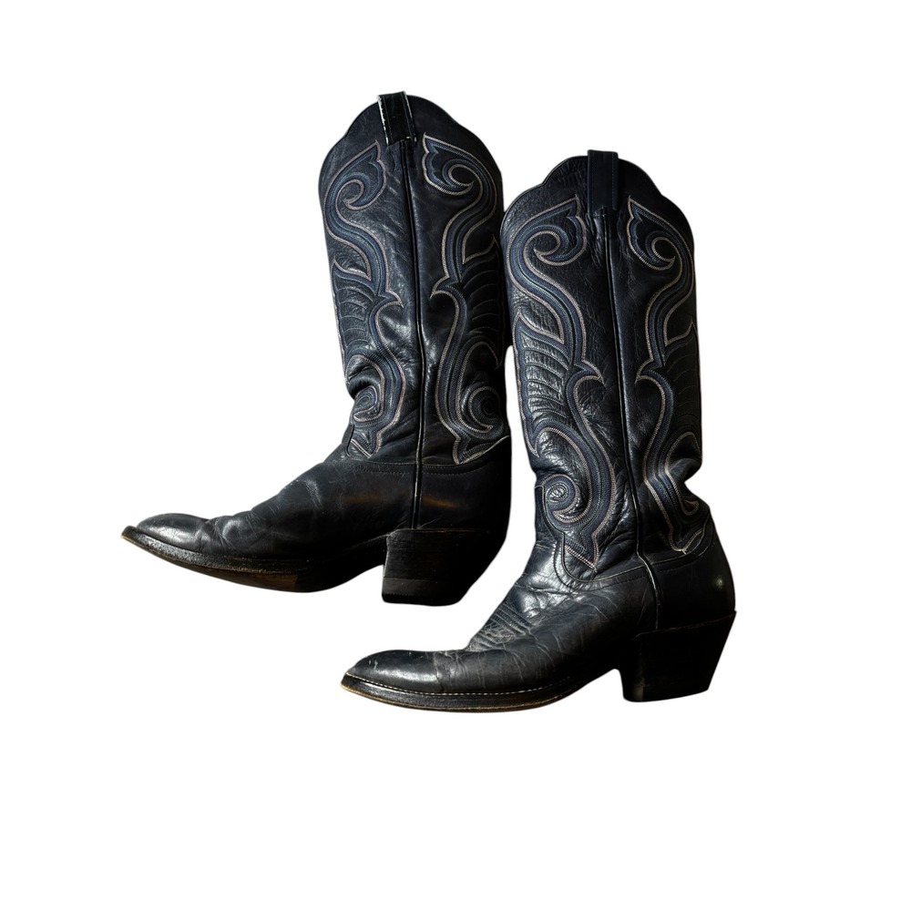 Larry Mahan Navy Blue Leather Western Cowboy Boots Pointed Toe Stitched Detail 7